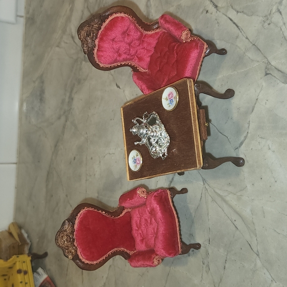 1970 Mell Prescott 2 chairs table 3 piece silver tea set